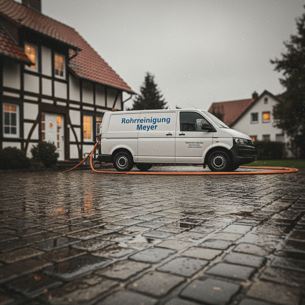 Hochdruckspülfahrzeug im Einsatz vor einem Wohnhaus