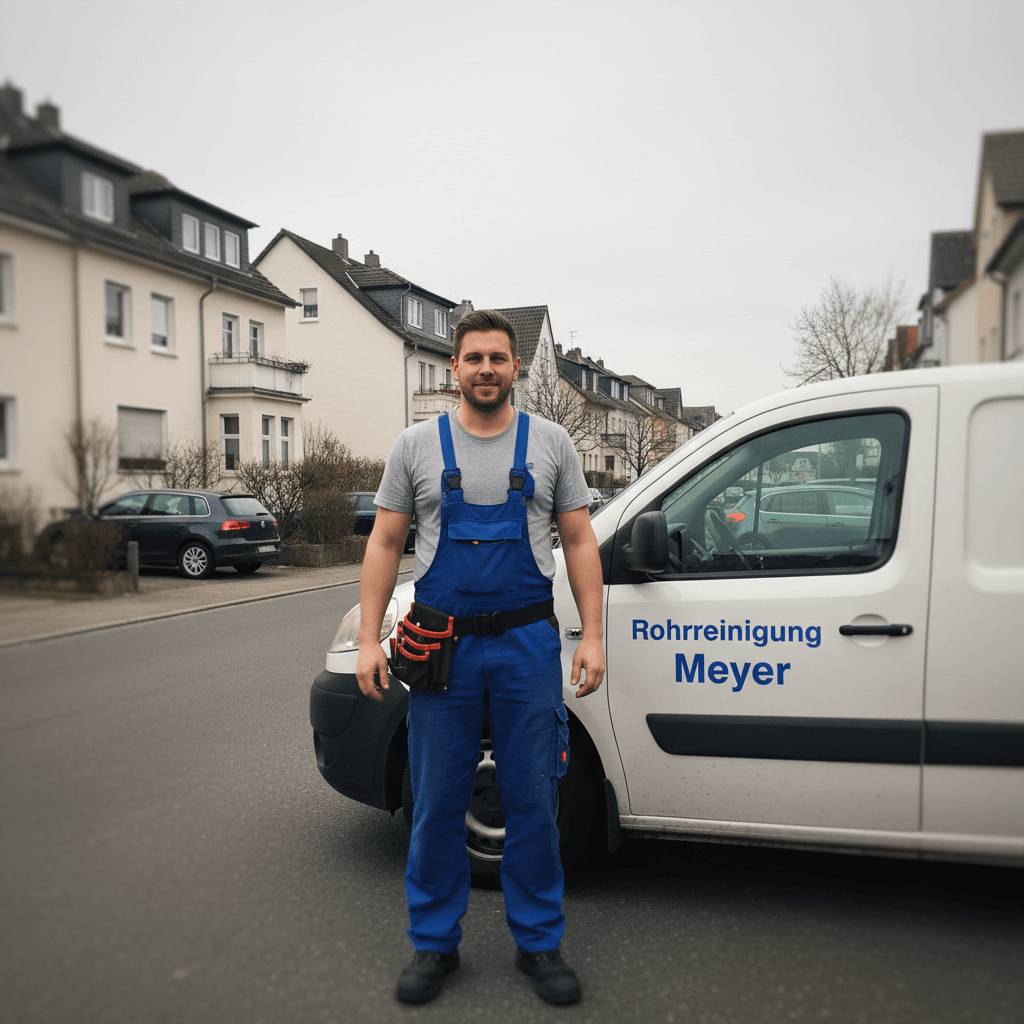 Freundlicher Techniker vor Servicefahrzeug bereit für den Einsatz